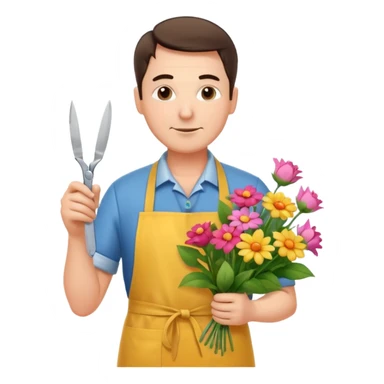 Middle-aged male florist – apron on, trimming stems with scissors sticker