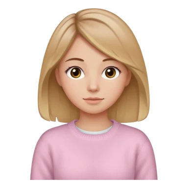 Crea una chica güerita con pelo café claro y raíces güeras, ojos rasgados cafés oscuros, suéter o camisa rosa claro sticker