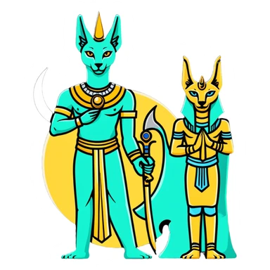 Egyptian gods Osiris with green skin and Atef crown, Khonsu with falcon head and moon symbol, and Anubis with jackal head standing together sticker