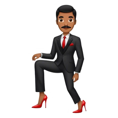 Man in a black suit suit and red strappy high heels with black hair and black mustache and brown skin sticker