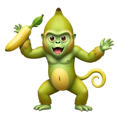 A yellow banana with arms and legs and a green gorilla head with expressive eyes sticker