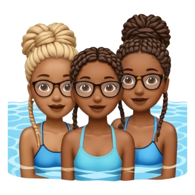 3 black girls im the pool having fun, one is tall caramel skin and slim with glasses and coller bone mini twists, the other is dark skin with no glasses and neck shoulder length mini twists and the last girl is short and chubby with box braids and no glasses  sticker