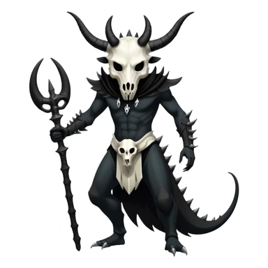 Shiny Dark Edgy  Inteleon-Amaura-Fakémon-hybrid-creature (full body) with a horned animal-skull-mask sticker