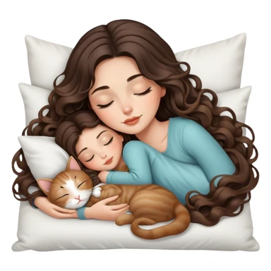 beautiful brunette with a light balayage white girl with nice curls/defined waves, very long hair, clean girl makeup SLEEPING ON A PILLOW WITH HER TWO KITTIES sticker