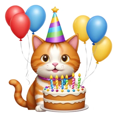 Ginger cat celebrates birthday, birthday hat, birthday cake, balloons, happy sticker