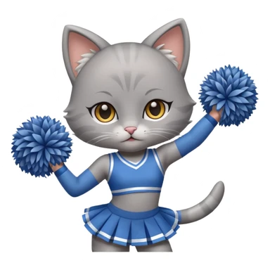 A cute chibi sleek grey cat cheerleader twirling pom-poms with confident energy. sticker