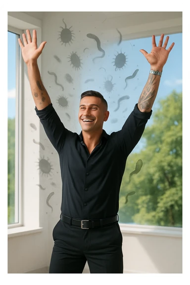 a man stands in uno studio clinico, arms raised in relief and joy, while faint, shadowy silhouettes of parasites fall away from his body and dissolve into the air. His posture is upright and energetic, his expression serene and healthy. The background features green trees and a clear sky, emphasizing liberation and restored well-being. sticker