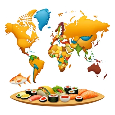 Icon for Culinary Tourism: a world map where the continents are made of various foods, like Fish - North America, sushi - Eurasia, tacos for South America, etc. The icon should represent global culinary exploration and travel. Transparent background. sticker