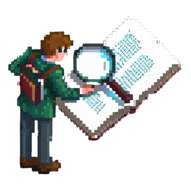 curious person with magnifying glass examining book sticker