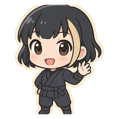 chibi ninja girl with black short hair and a blonde streak, big head, small body and arms, not overly round or infant-like, cute and playful, anime-style face with large expressive eyes, small nose and mouth, subtle blush, hand fully raised, waving to the right, smiling, pastel colors, soft shading, clean outlines, no mask sticker