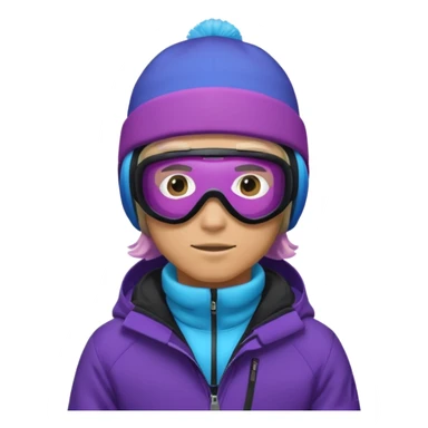 male Pro Snowboarder with white beanie, ONE pair of purple and blue frameless goggles and a black jacket sticker