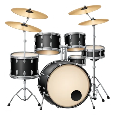 Minimalistic flat vector icon, iOS style, thin black contour on white background. Drum set with two drumsticks above. Clean, no text, no shadows sticker