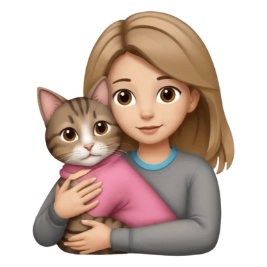 Une femme avec les cheveux dégradée, brun et blond, qui fait un câlin à son chat gris, tigré avec les extrémités que pattes pointe d’oreilles noires et le dessous du menton blanc  sticker