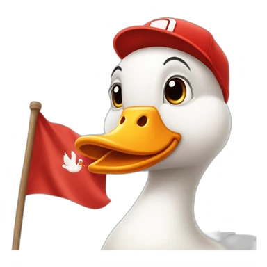 White goose wearing a red baseball cap and,bow tie on neck, holding big red flag sticker