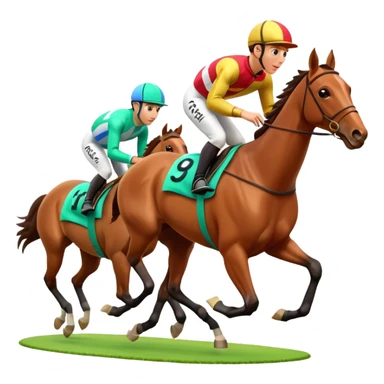 A 3D cartoon horse race scene with jockeys in motion, grassy track, bright daylight, Memoji-style rendering. sticker