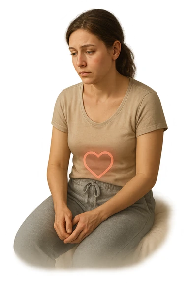 3D realistic medical illustration: a young woman in her 20s or 30s sits on the edge of a bed in a softly lit bedroom, looking thoughtful and slightly concerned. She wears comfortable loungewear, her posture is slouched, and her expression is subdued. Subtle visual cues—such as a faded calendar with missed menstrual cycles and a dimmed heart or energy icon near her abdomen—symbolize low libido and amenorrhea. The scene is realistic, intimate, and empathetic. sticker