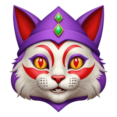 crazy colorful cute little cat jolly joker from poker, medieval, vintage, court jester, mac os icon, purple and red color, chromed inserts, half body sticker