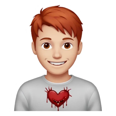 парень с красно-русыми волосами; бледная сероватая кожа; белые глаза; открытая улыбка, где на зубах кровь; одет в белый свитер sticker