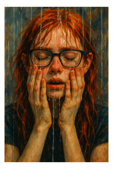girl with red hair and glasses, hands pressed to her face, water pouring down, semi-realistic digital art style sticker
