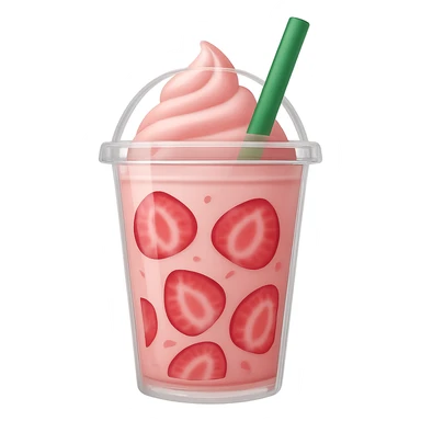 Show the strawberries inside the drink as thinly sliced pieces, keep the light pink Starbucks drink in a clear cup with green straw, in emoji style with no background. sticker