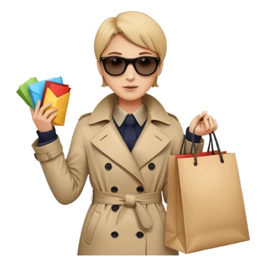 mystery shopper in trench coat, sunglasses, holding a shopping bag sticker