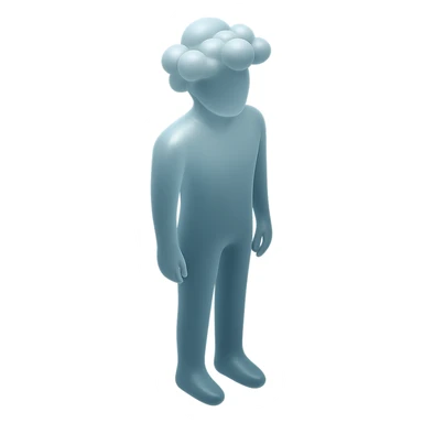 a person standing straight, made entirely of white fluffy convex clouds up to the shoulders, matte glass style sticker