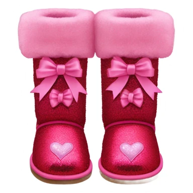 Realistic isolated pair of tall Red Ugg Fur Boots laced up with pink silk ribbon bows and hot pink and light pink sequin heart shaped patches sewn onto them. sticker