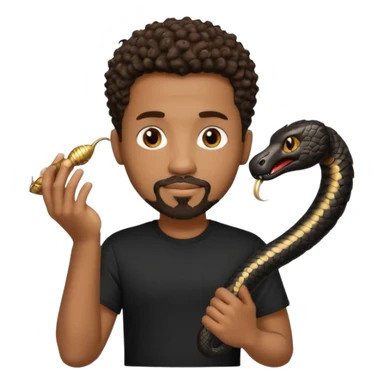 Homme noir, yeux marron avec un bouc menton, cheveux court et bouclé crépus avec un dégradé sur le côté, avec un cobra à côté , t-shirt noir  sticker