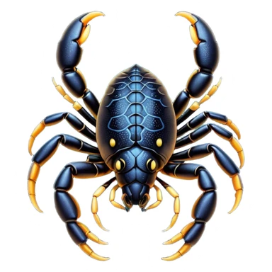 Cinematic Cute Emperor Scorpion Portrait Emoji, Head tilted playfully and inquisitively, with a compact, rugged build and a sleek, dark exoskeleton highlighted by delicate, intricate patterns and round, sparkling eyes full of curious defiance, Simplified yet irresistibly adorable features, highly detailed, glowing with a warm, friendly glow, high shine, affectionate and quirky, stylized with a touch of desert whimsy, soft glowing outline, capturing the essence of a mischievous yet endearing scorpion that feels like it could pinch its way out of the screen into your arms! sticker