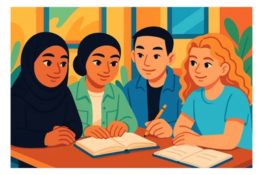 Illustration of four students working together, thoughtfully but with a relaxed and friendly atmosphere. The students should resemble the four people in the reference photos. The style is colorful, modern cartoon with a pleasant and bright background conveying a convivial ambiance. sticker