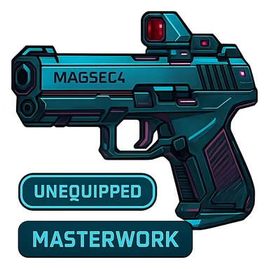 the image is the icon for a videogame  item. futuristic cyberpunk -ready to equip- it is master craftsmanship [ unequipped item ]
It is a magsec4 pistol with a mini-holo - neatly staged 3/4 profile view - orthographic horizontal perspective sticker