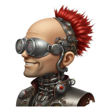 Bald cyborg head with red Mohawk, red beard. silver steampunk monocle goggles a smile and circuits sticker