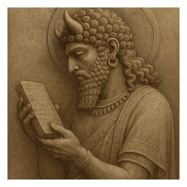A Sumerian god with curly hair reading a clay tablet, ancient Mesopotamian attire, divine presence, intricate details, neutral background sticker