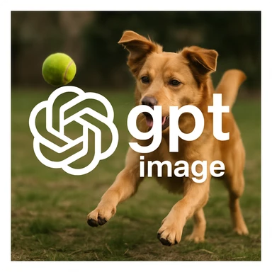  logo of chat gpt with text "gpt image" on the background of a dog chasing ball, realistic image sticker