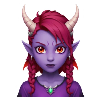 Demon Girl Purple Skin Dragon Horns Black Eyes Red Glowing Pupils Auburn Haired Red Shirt  sticker