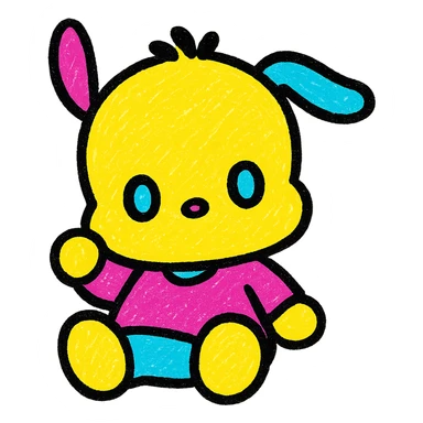 Sanrio Pochacco as a cute Popmart doll emoji, big round eyes, plushy texture, small body, playful pose, pastel colors, adorable expression sticker
