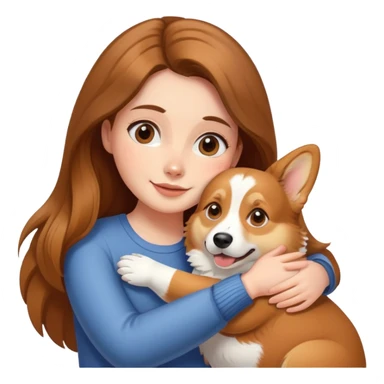 Girl with long brown hair hugs a corgi dog sticker