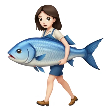 Confused Brunette Woman walking with huge fish sticker