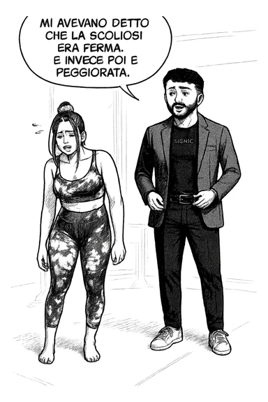 fai questa immagine in versione fumetto/manga/webtoon, il manga mostra la donna disperata con un fumetto sulla testa che dice:
Mi avevano detto che la scoliosi era ferma… e invece poi è peggiorata.
 sticker