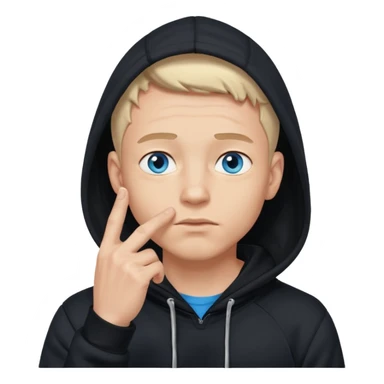 man in black hoodie in thinking pose, blue eyes, right hand raised, index finger touching his chin, eyes looking up to the top right sticker
