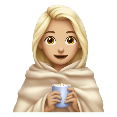 pretty blonde girl wrapped in big blanket drinking hot chocolate with marshmallows  sticker