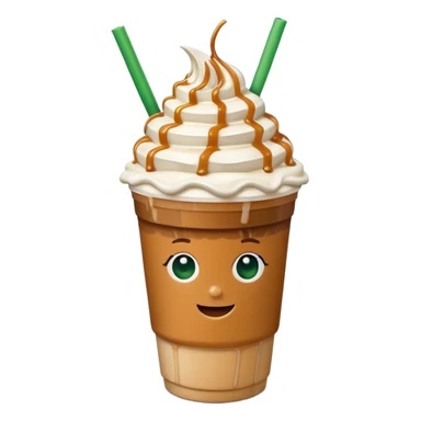 A 3D cartoon cup of caramel frappuccino topped with whipped cream and caramel drizzle, green straw, no logo, frosty texture, soft lighting, Memoji-style. sticker