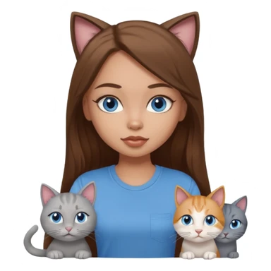 a pretty bratz dusky light skin girl with long brown hair, blue eyes with six cats nd wearing a grey tshirt sticker