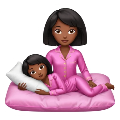Dark skin Black barbie, short  black bob  hair, pink pajamas laying on pillow  sticker