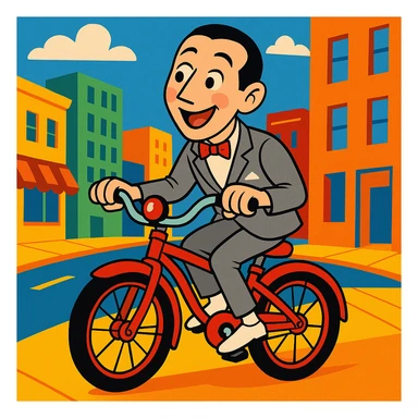 Pee-wee Herman riding a red bicycle, joyful expression, city background, vibrant toon style sticker