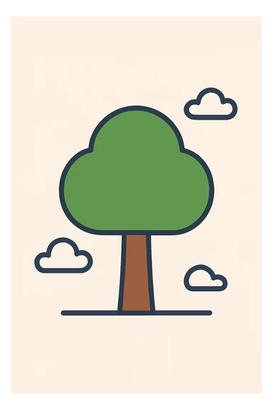 Add green color to the tree icon in a flat design style. The canopy should be green and the trunk brown. The design should be minimalistic with strong contrast and easy to recognize. sticker