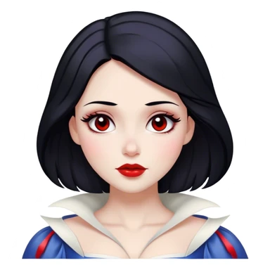 Cinematic Majestic Snow White Portrait Emoji, rendered in a clean, vector-style with bold, simplified shapes. Show Snow White with a serene, noble expression, radiant porcelain skin, and elegantly styled raven hair accented with subtle red highlights, her attire simple yet refined. The design radiates a majestic, pure glow with high shine and a soft glowing outline, embodying classic royal beauty. sticker
