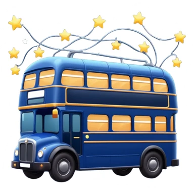 A dark blue double decker bus with cute cosy twinkle lights sticker