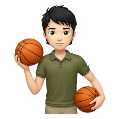 generate a pretty fair bratz boy with a long messy mullet (black hair), carrying a basketball in one hand. Smirking .  Wearing an olive polo shirt. Lean but biceps sticker