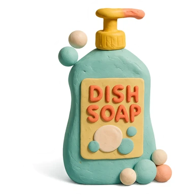 dish soap bottle in claymation style with bubbles and a playful label, pastel palette sticker